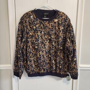 Carole Little Sport Silk Top Women's Sz 10 Gold Sequin Sweatshirt Blue Old Money